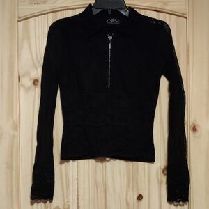 Niki Livas Black Lace Zip-Up Women's Blouse with Sheer Sleeves